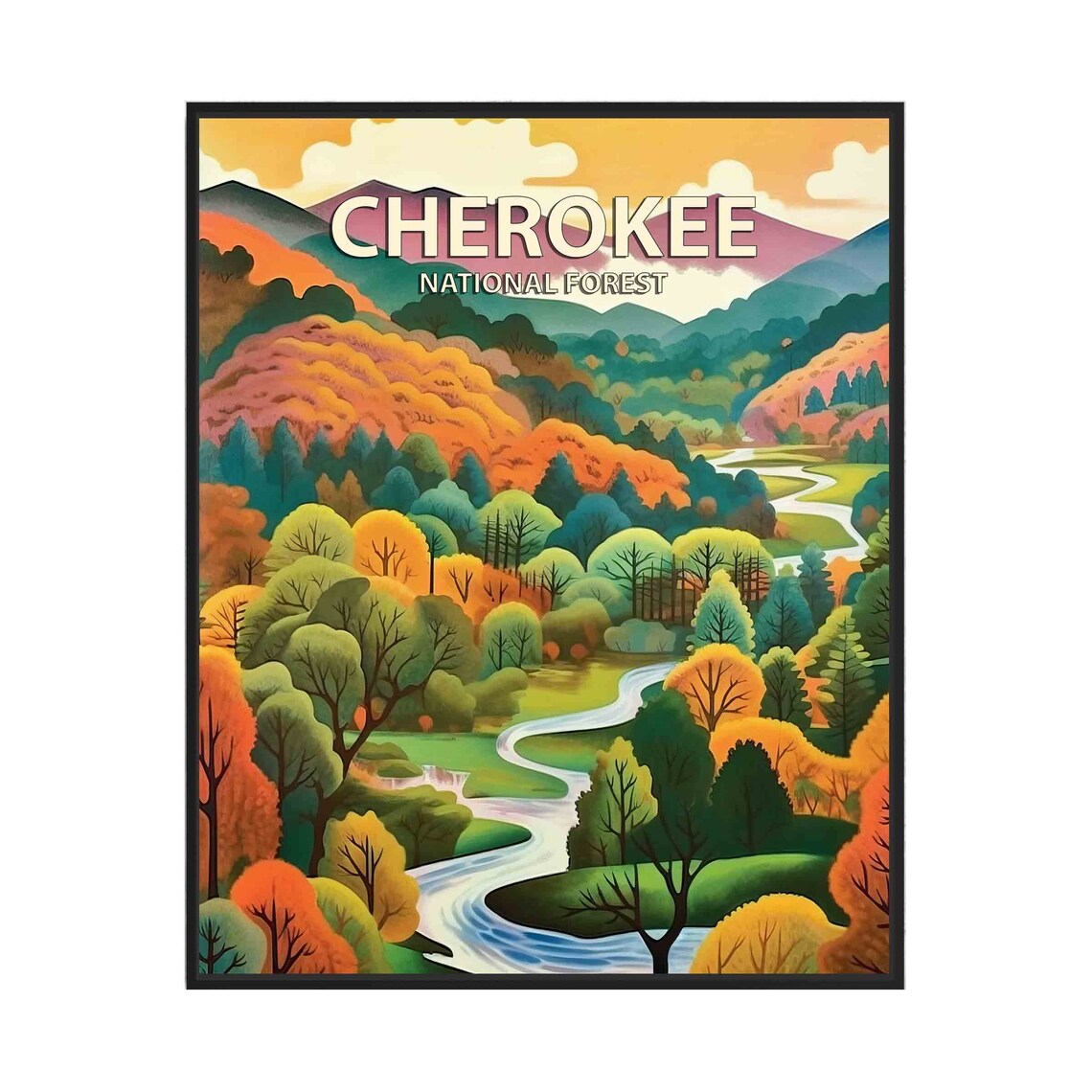 Cherokee National Forest Autumn Valley Vintage Travel Poster