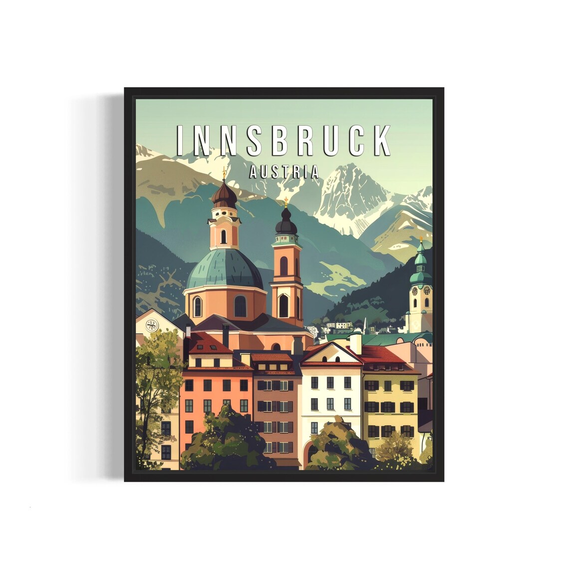 Innsbruck Austria Vintage Cathedral Domes Beneath Alpine Peaks Poster
