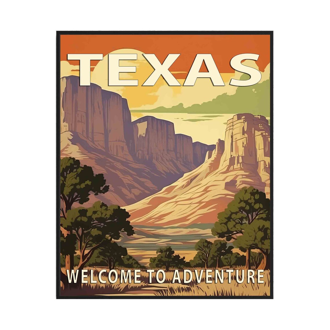 Texas Desert Mesa Sunset Landscape Retro Adventure Travel Poster