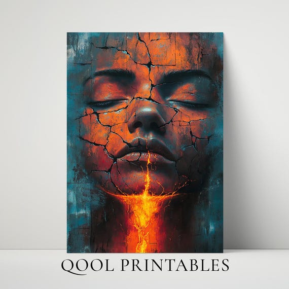 Trippy Face Art Print Surreal Dreamy Portrait Mural Street Style Volcano Wall Lava