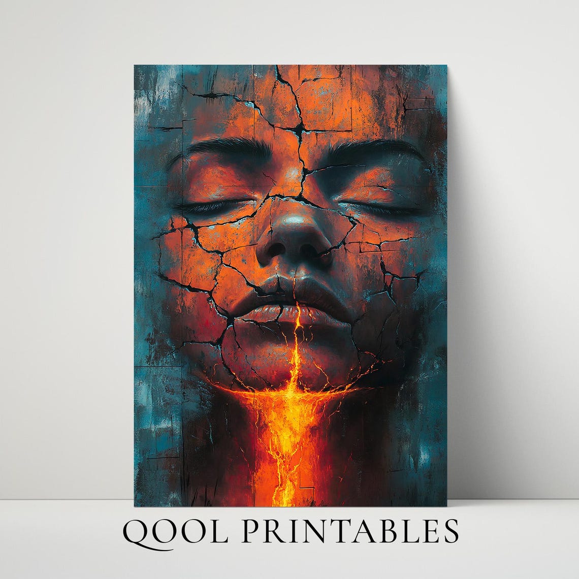 Cracked Lava Face Molten Glow Volcano Surreal Ember Art Poster