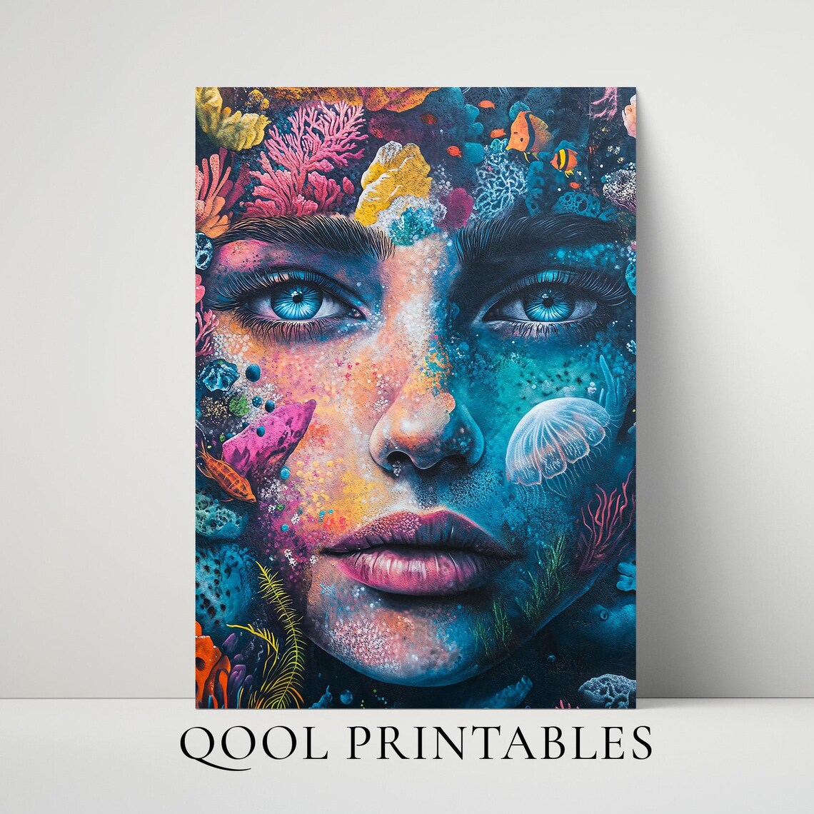 Ocean Spirit Face Coral Reef Jellyfish Surreal Mermaid Poster