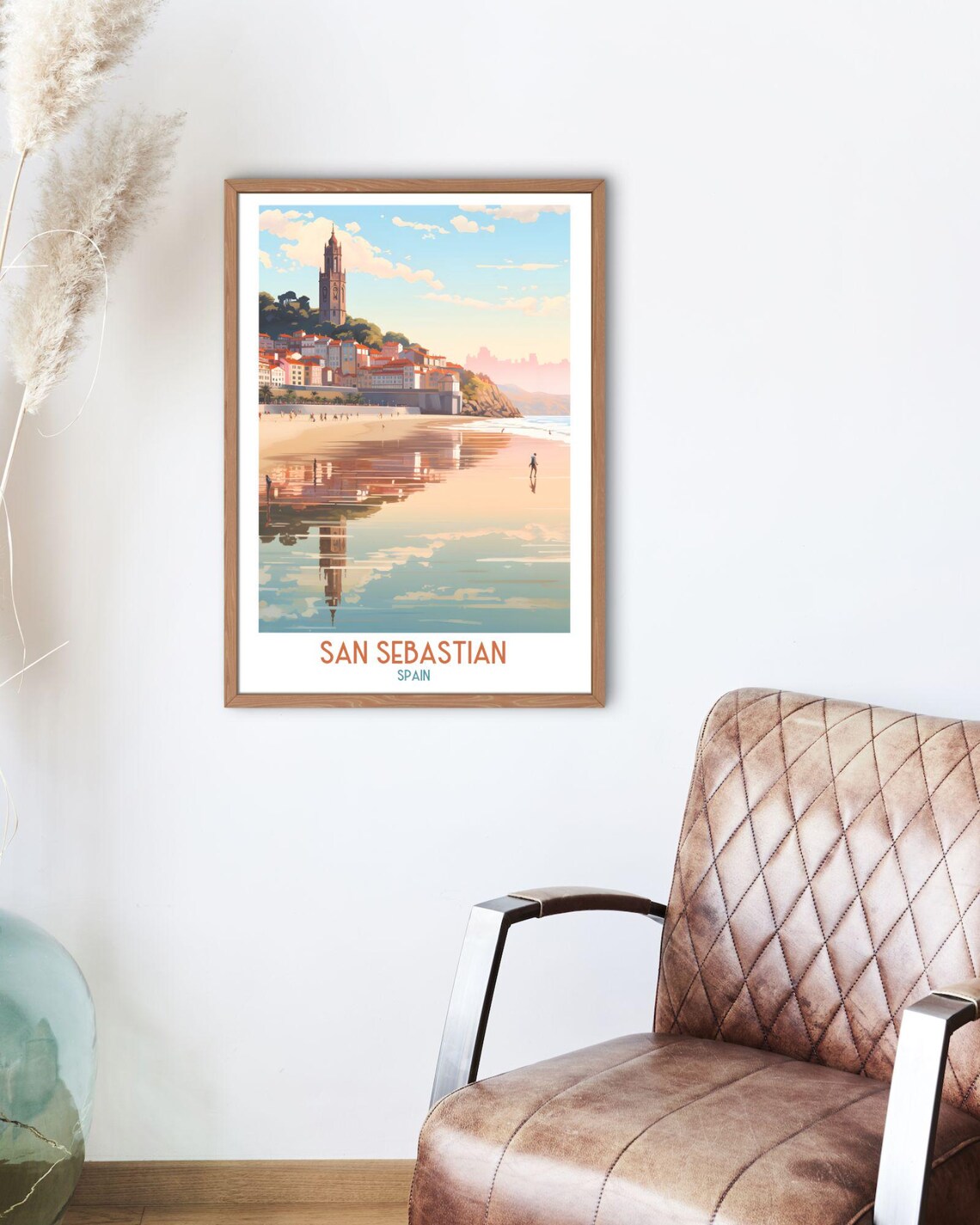 San Sebastian Spain Sunset Church Tower Beach Reflections Art Poster - Image 2