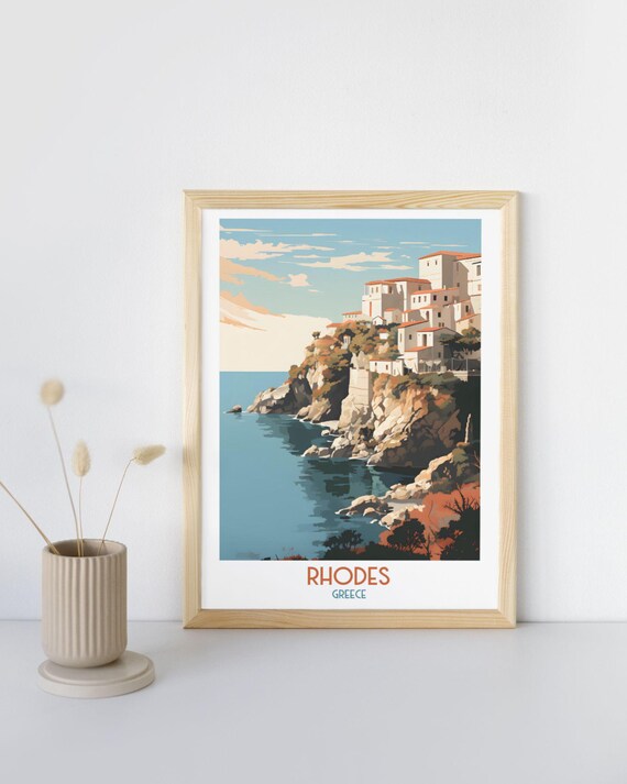 Rhodes Greece White Houses on Rocky Point Above Calm Sea Art Print