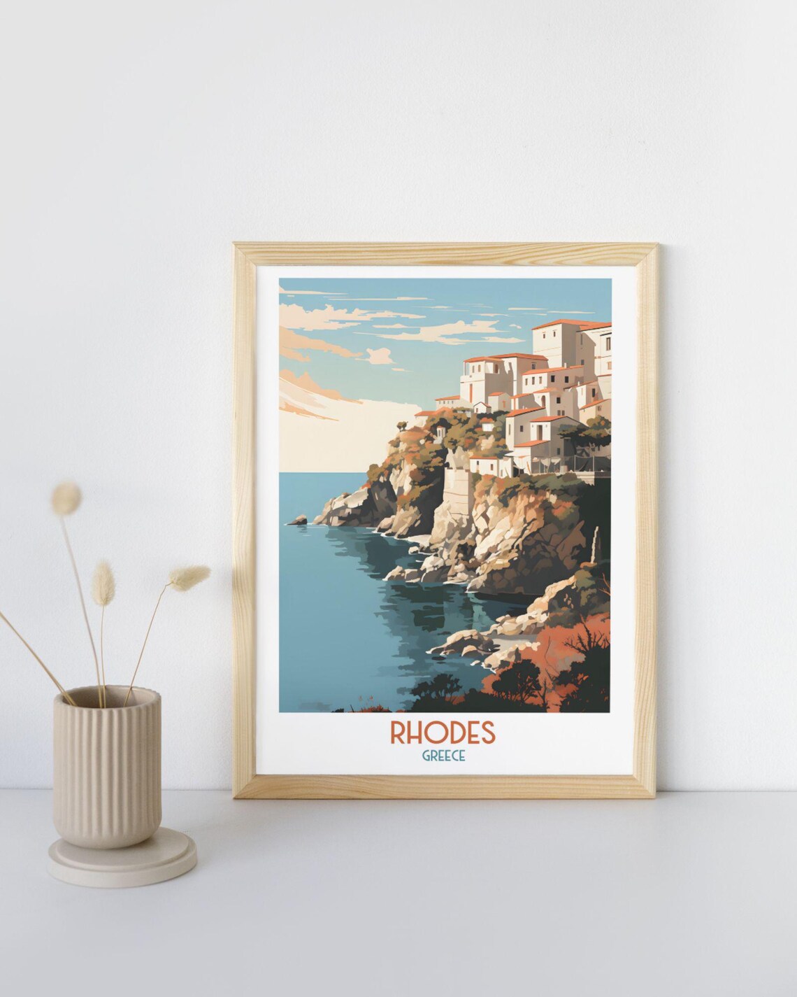 Rhodes Greece White Houses on Rocky Point Above Calm Sea Art Print