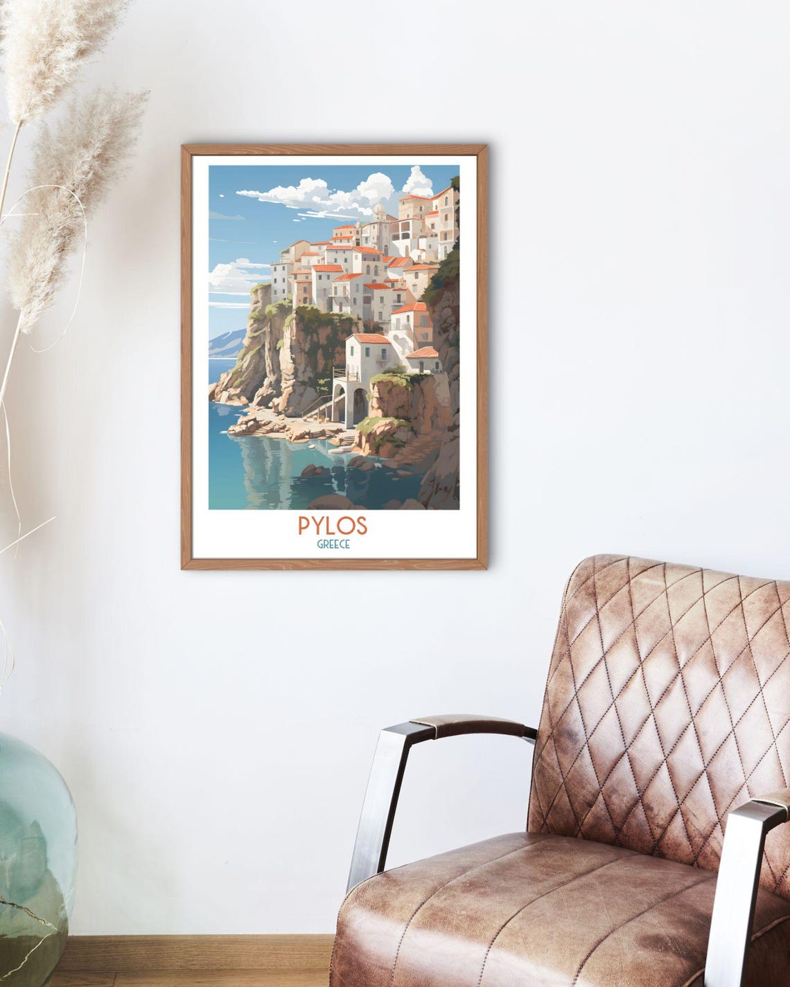 Pylos Greece Whitewashed Houses on Cliffs Above the Sea Travel Print - Image 2