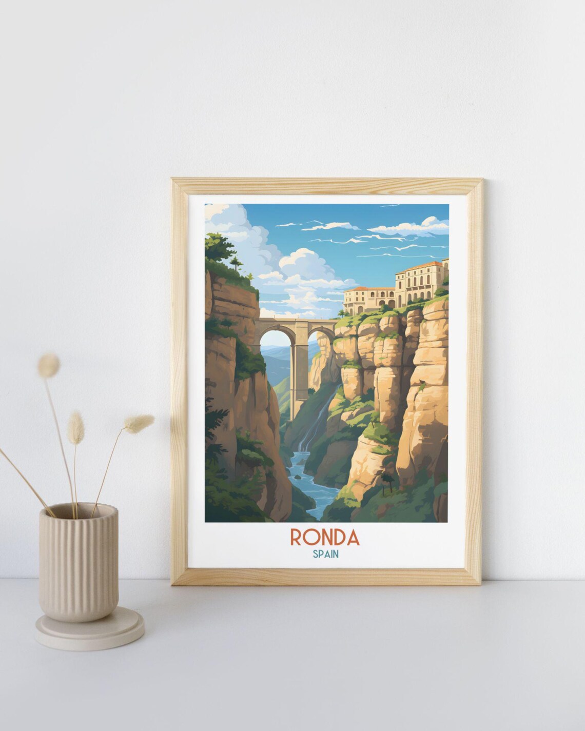 Ronda Spain Gorge Bridge and Cliffside Village View Travel Art Print