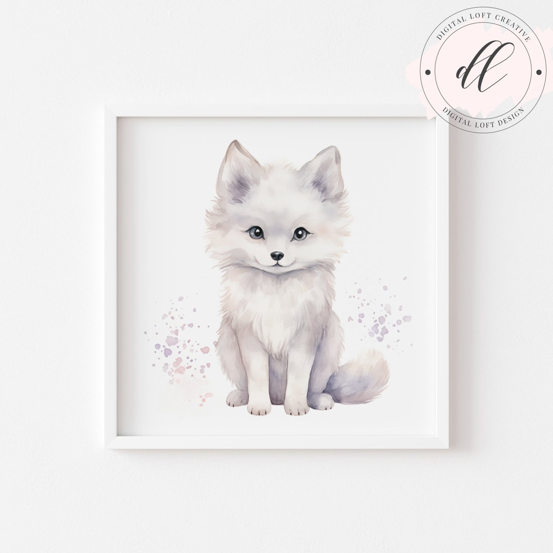 Adorable Watercolor White Fox Cub Baby Animal Nursery Poster