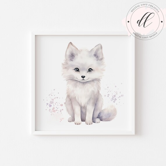 Adorable Watercolor White Fox Cub Baby Animal Nursery Poster