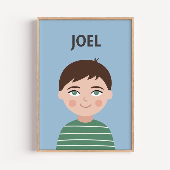 Personalized Portrait Boy Brown Hair Illustration Wall Art Poster For Kids Nursery Playroom Birthday Gift