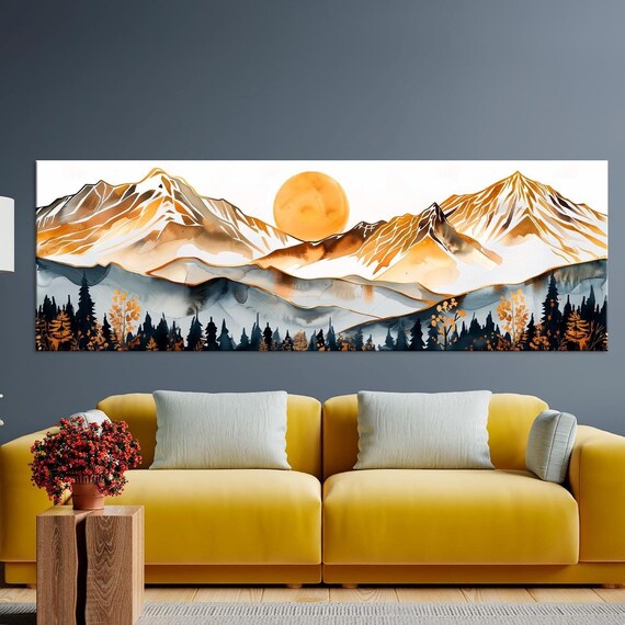 Abstract Mountains Print Landscape Art Nature Print Forest Golden Mountains Wall Art Living Room Decor Extra Large Wall Art