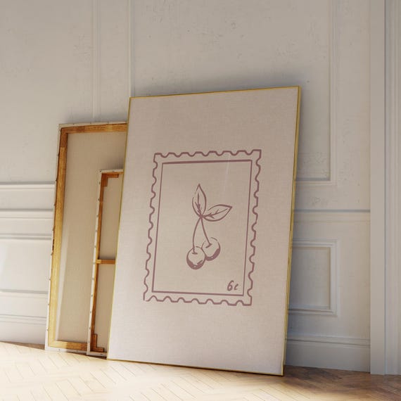 Vintage Cherry Stamp Print Poster Girly Wall Decor Trendy Art Preppy Home