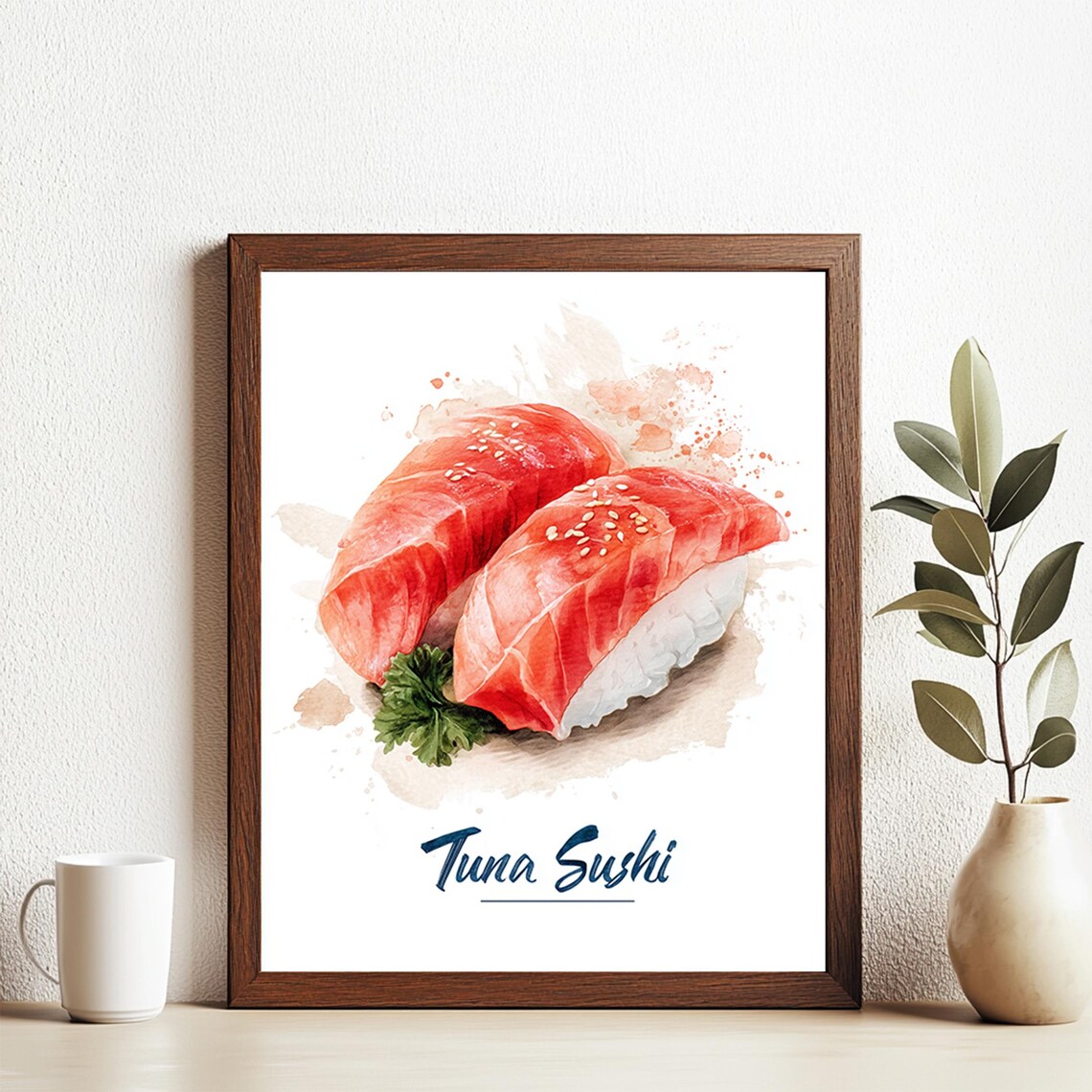 Tuna Sushi Nigiri Pieces Watercolor Japanese Kitchen Wall Art