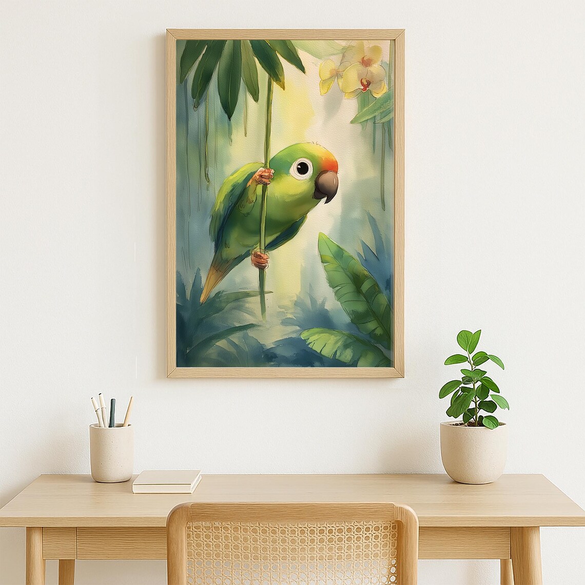 Cute Green Parrot Climbing Vine With Orchids Watercolor Jungle Poster - Image 4