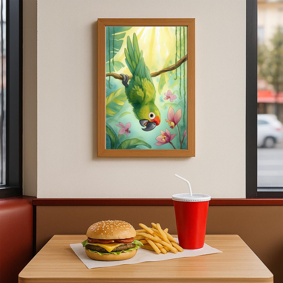 Playful Green Parrot Upside Down Among Pink Orchids Jungle Poster - Image 3