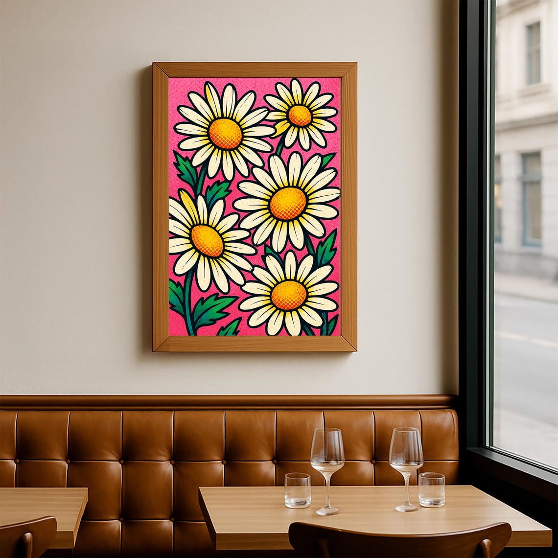 Bold Retro Daisy Flowers Pop Art Style on Pink Background Poster - Image 2