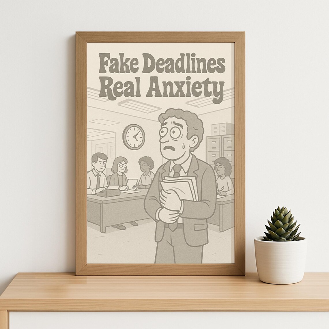 Retro Office Anxiety Poster Funny Work Stress Wall Art Fake Deadlines Real Print