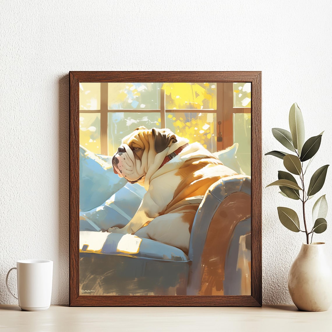 Bulldog Resting On Chair By Sunny Window Cute Dog Portrait Art Print