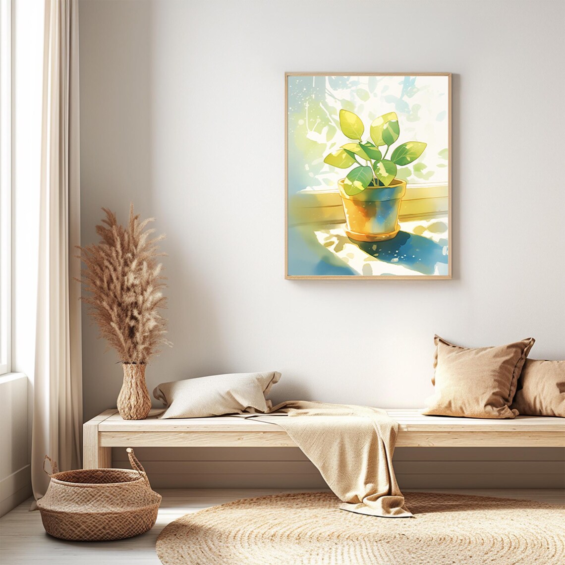 Sunlit Potted Green Plant on a Bright Windowsill Watercolor Poster - Image 3