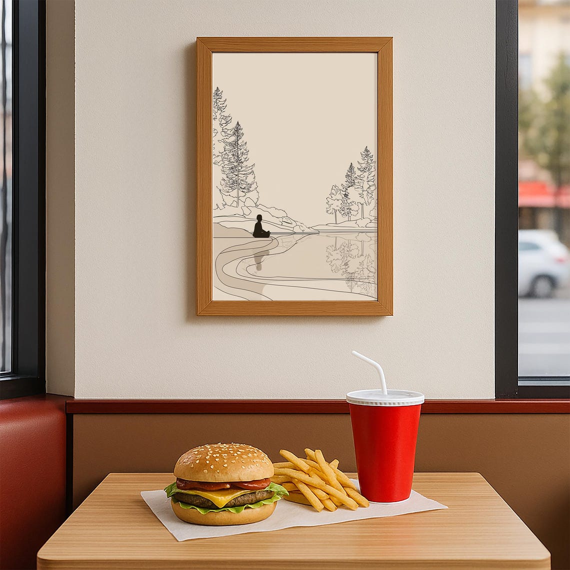Minimalist Lake Meditation Line Drawing With Pines Reflection Poster - Image 3