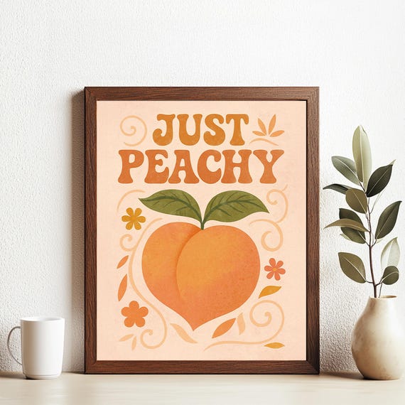 Retro Peach Wall Art Print Just Peachy Quote 70s Groovy Kitchen Poster Vintage Illustration Decor
