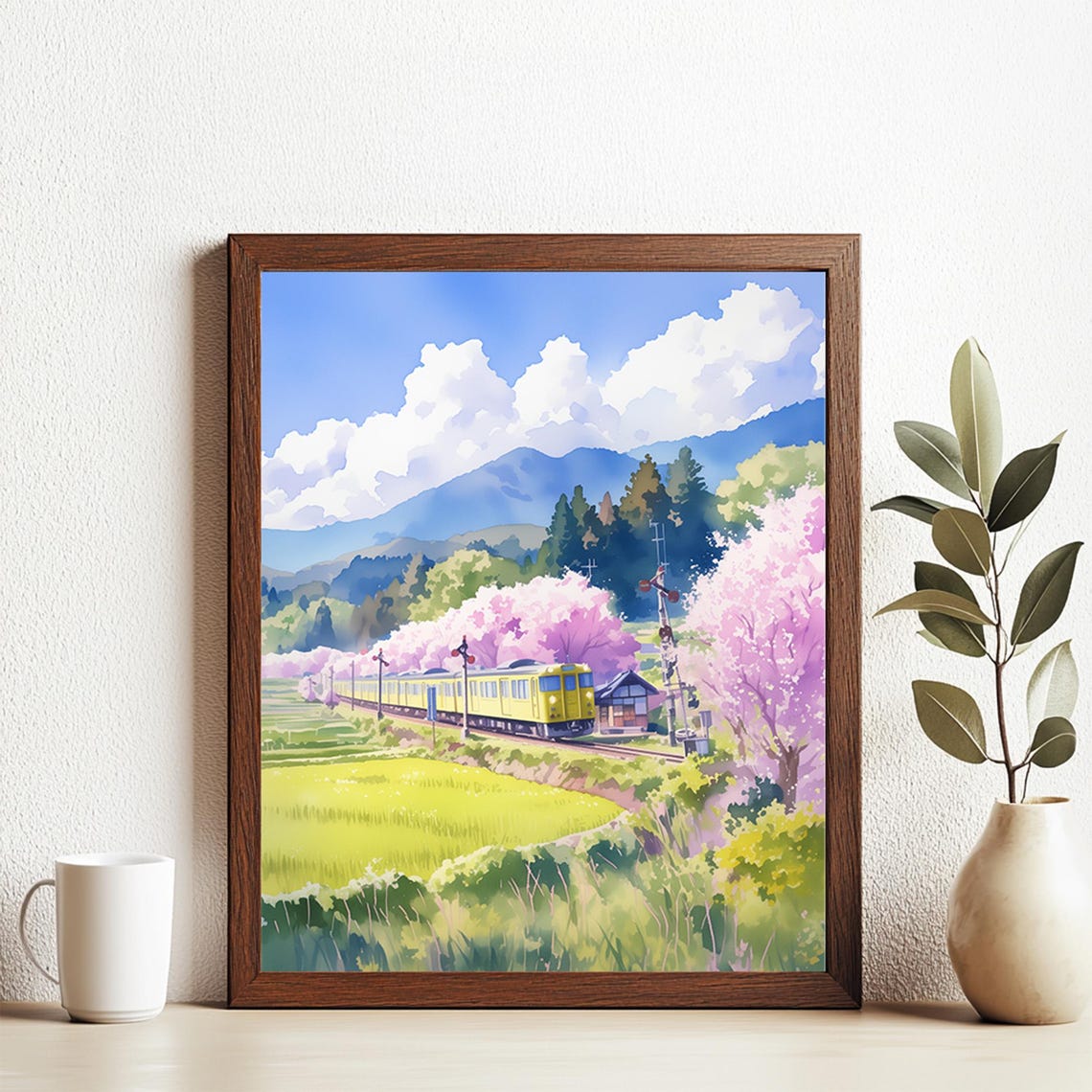 Japan Yellow Train Cherry Blossom Spring Watercolor Wall Art
