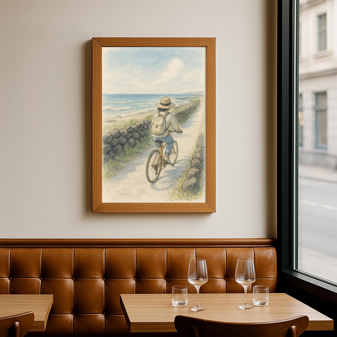 Woman Cycling Coastal Road Ocean View Drawing Travel Art Poster - Image 2