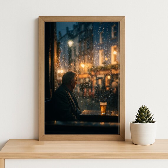 Rainy Night Pub Window With Pint Moody Evening Bar Scene Wall Art