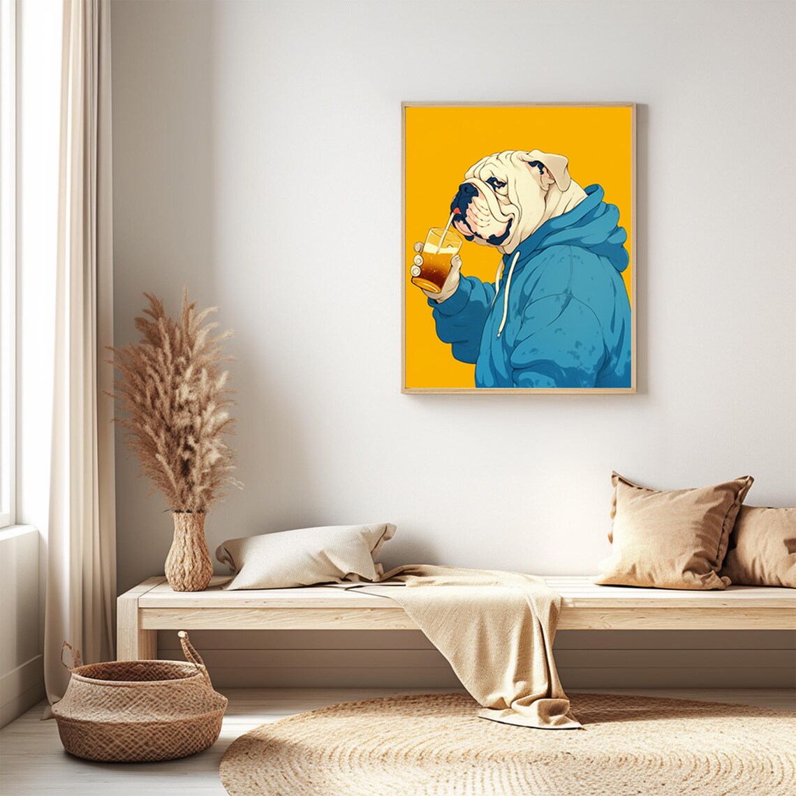 English Bulldog Drinking Iced Coffee Blue Hoodie Funny Pop Art Poster - Image 2