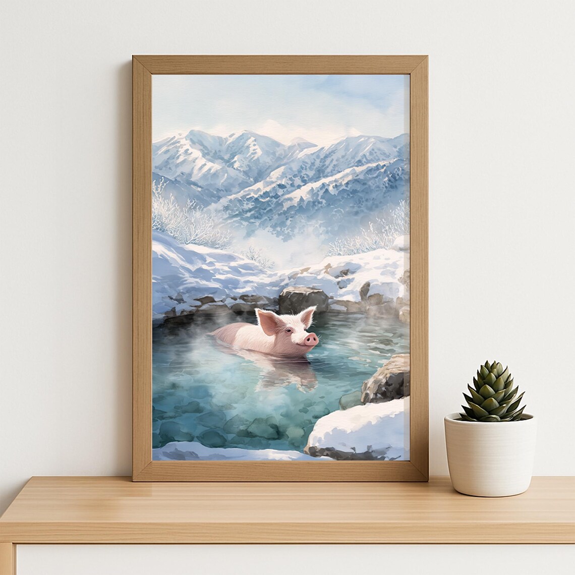 Pig Soaking In Snowy Onsen Hot Spring Cute Winter Animal Art Poster