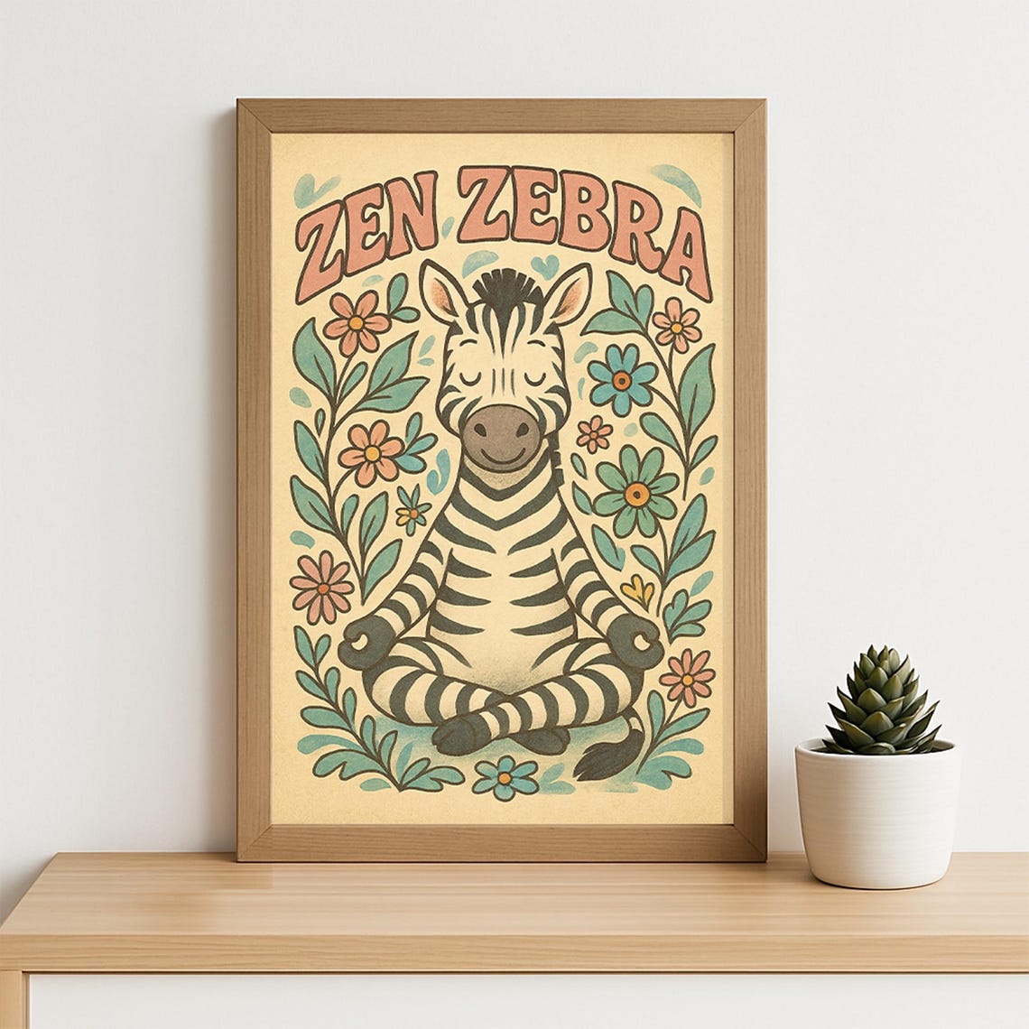 Zen Zebra Meditating Retro Groovy 70s Nursery Animal Wall Art