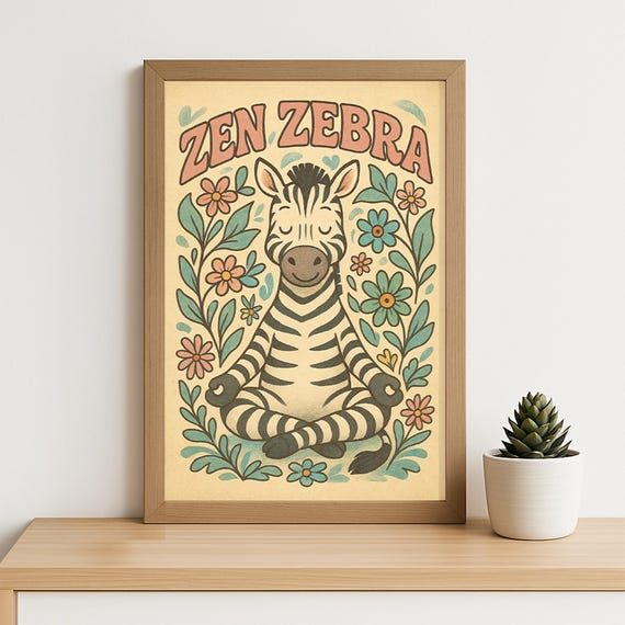 Zen Zebra Meditating Retro Groovy 70s Nursery Animal Wall Art