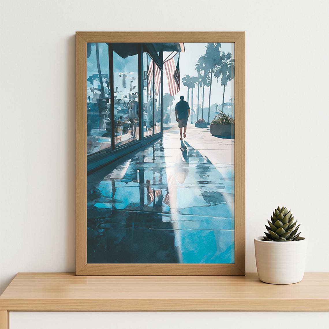 Palm Tree Street Scene With American Flag Coastal Watercolor Poster