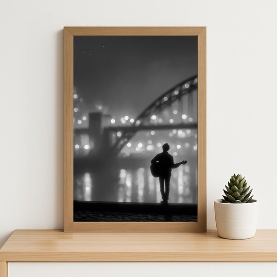 Guitarist Silhouette City Lights Night Bridge Photography Poster