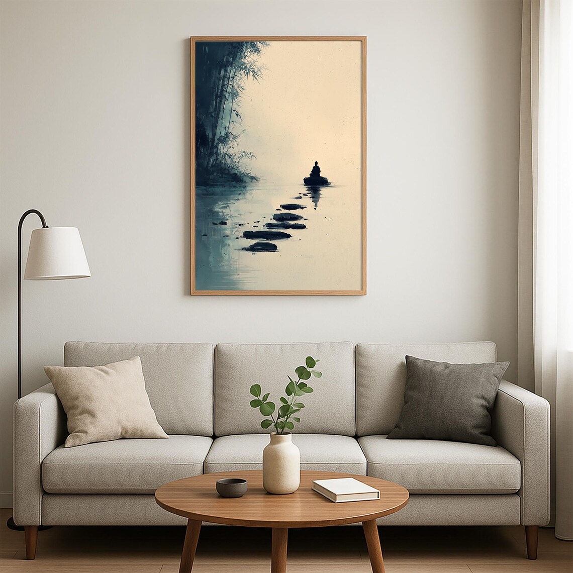 Zen Meditating Figure Stepping Stones Bamboo Ink Wash Art Poster - Image 5