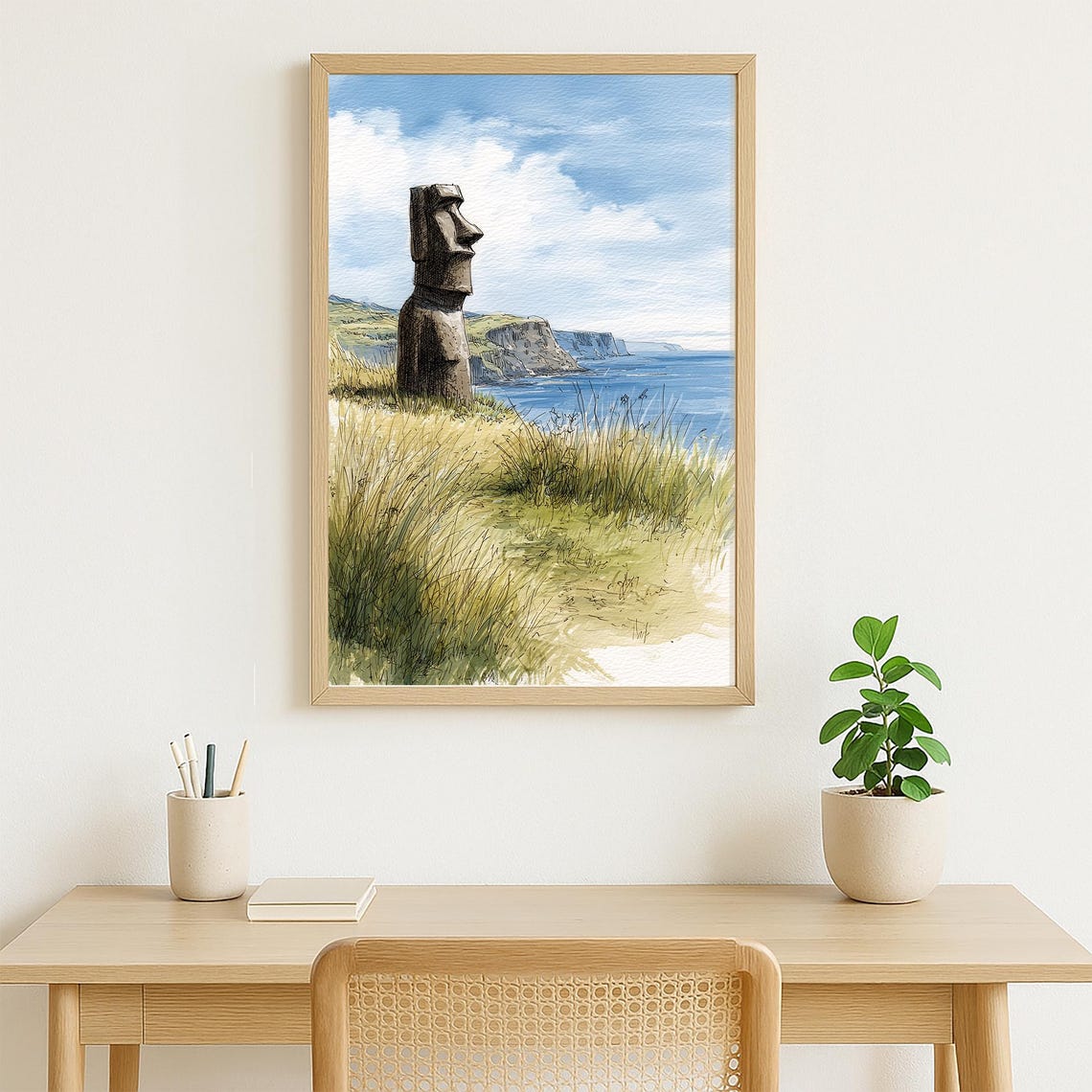 Easter Island Moai Statue Coastal Cliff Watercolor Sketch Wall Art - Image 2