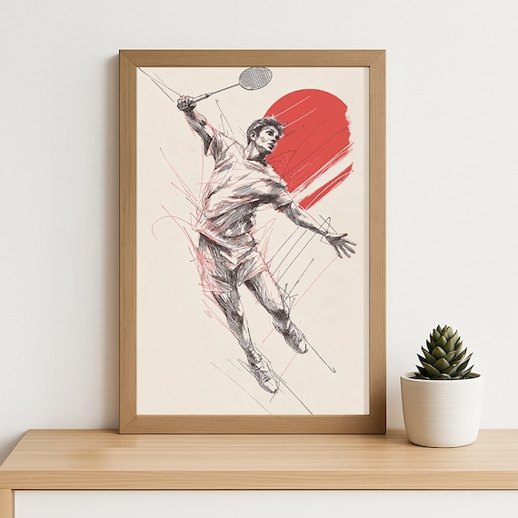 Badminton Line Art Print Dynamic Handdrawn Sketch Style Sports Poster With Red Sun Minimalist Energy For Athlete Decor