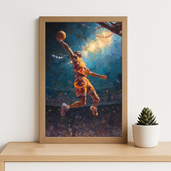 Basketball Player Art Print Sports Oil Painting Wall Decor Dynamic Athlete Jump Shot Artwork