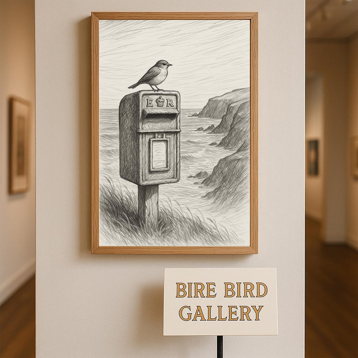 Bird on Postbox Sea Cliffs Pencil Sketch Coastal Drawing Poster