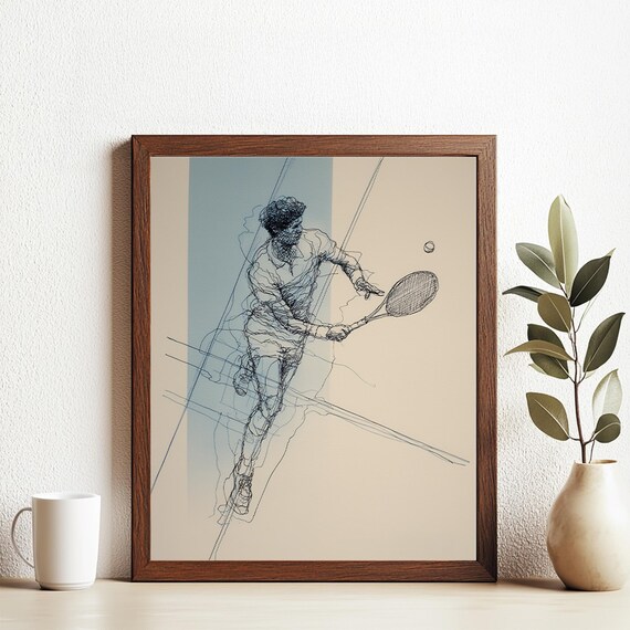 Abstract Tennis Line Drawing Dynamic Player Continuous Art Poster