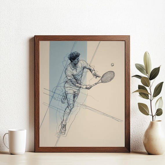 Abstract Tennis Line Drawing Print Dynamic Continuous Art Of Player In Action Modern Sports Wall Decor Blue Tones