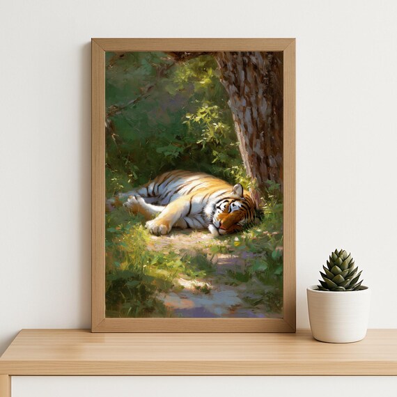Sleeping Tiger Oil Painting Art Wildlife Nature Wall Decor Peaceful Jungle Animal Artwork Tranquil Forest Print