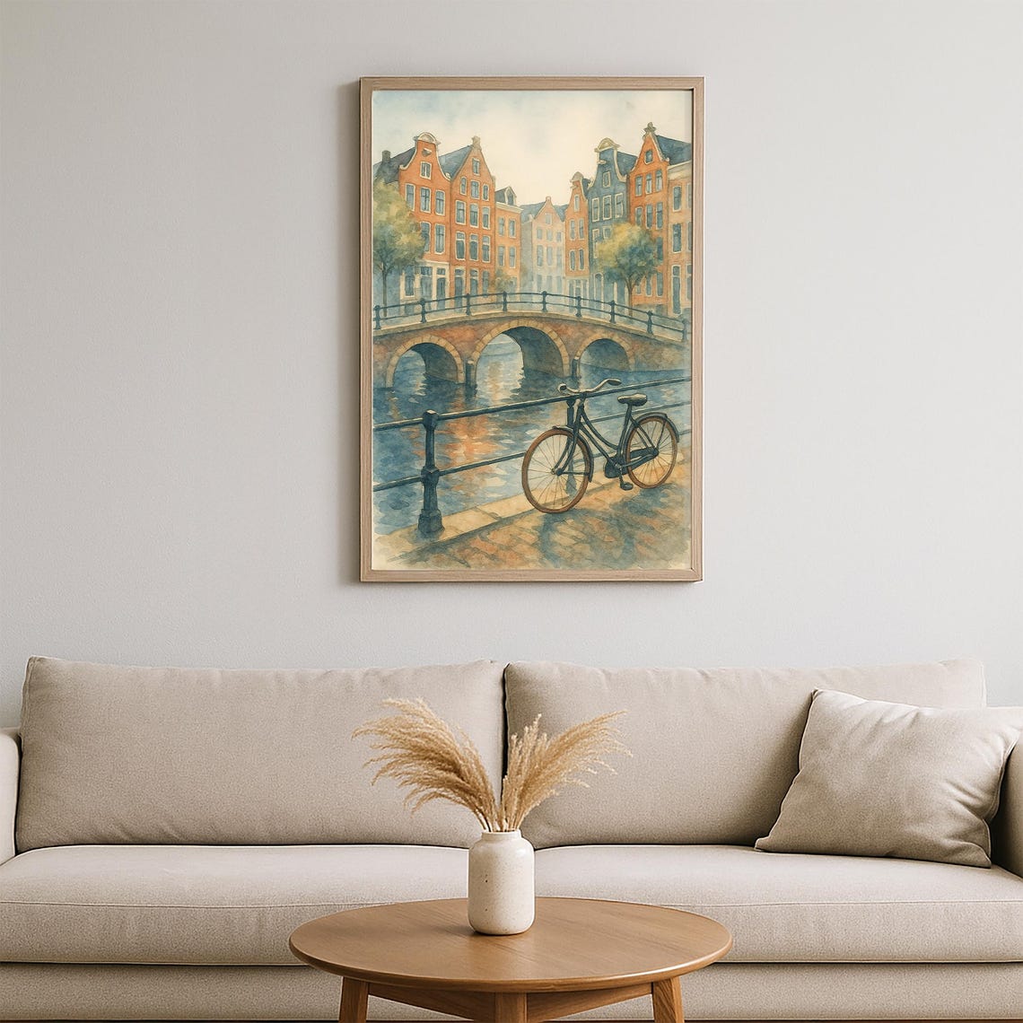 Amsterdam Canal Watercolor Bicycle Brick Bridge Dutch City Poster - Image 2