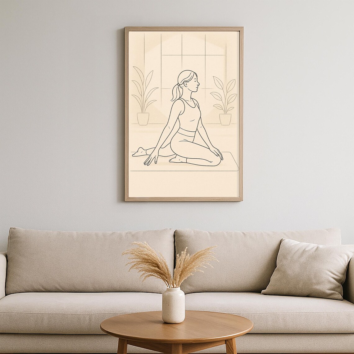 Minimalist Yoga Line Art Woman Pigeon Pose Beige Serene Poster - Image 2
