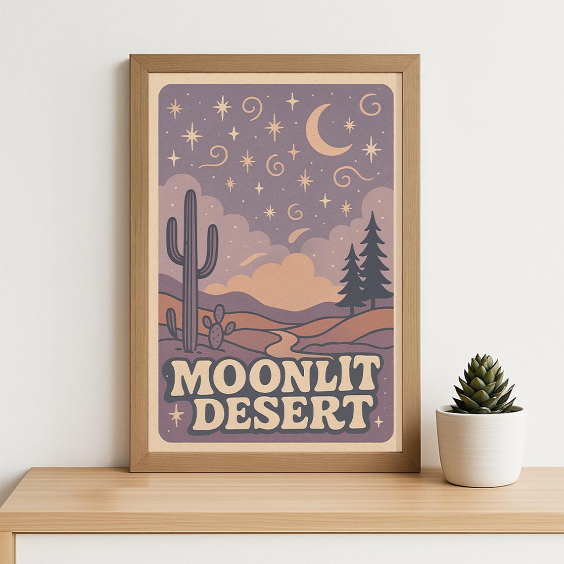 Moonlit Desert Poster Retro Groovy Night Landscape Wall Art 70s Boho Print