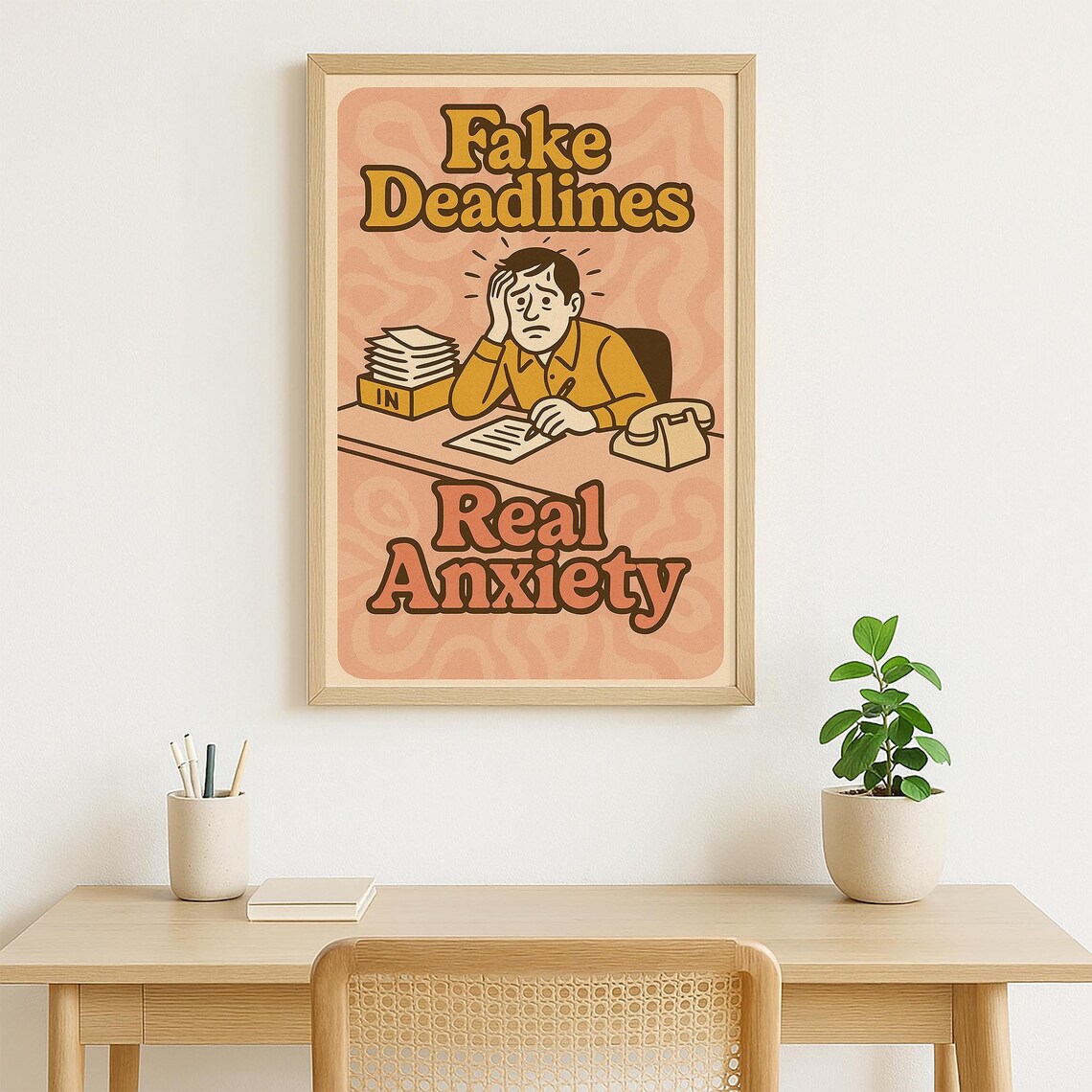 Fake Deadlines Real Anxiety Funny Retro Office Humor Quote Poster - Image 5