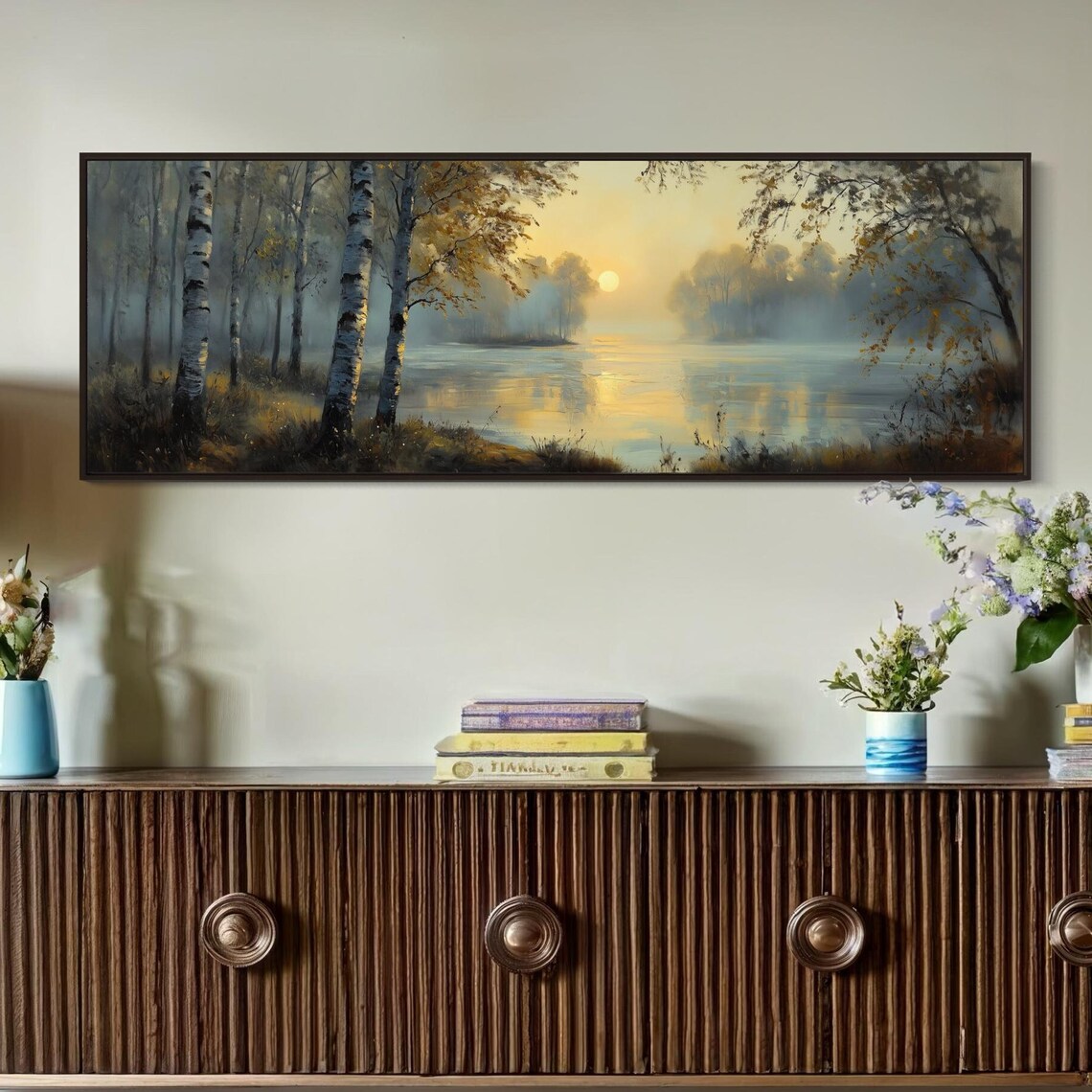 Golden Sunrise Over Birch Trees, Forest Landscape Art Print