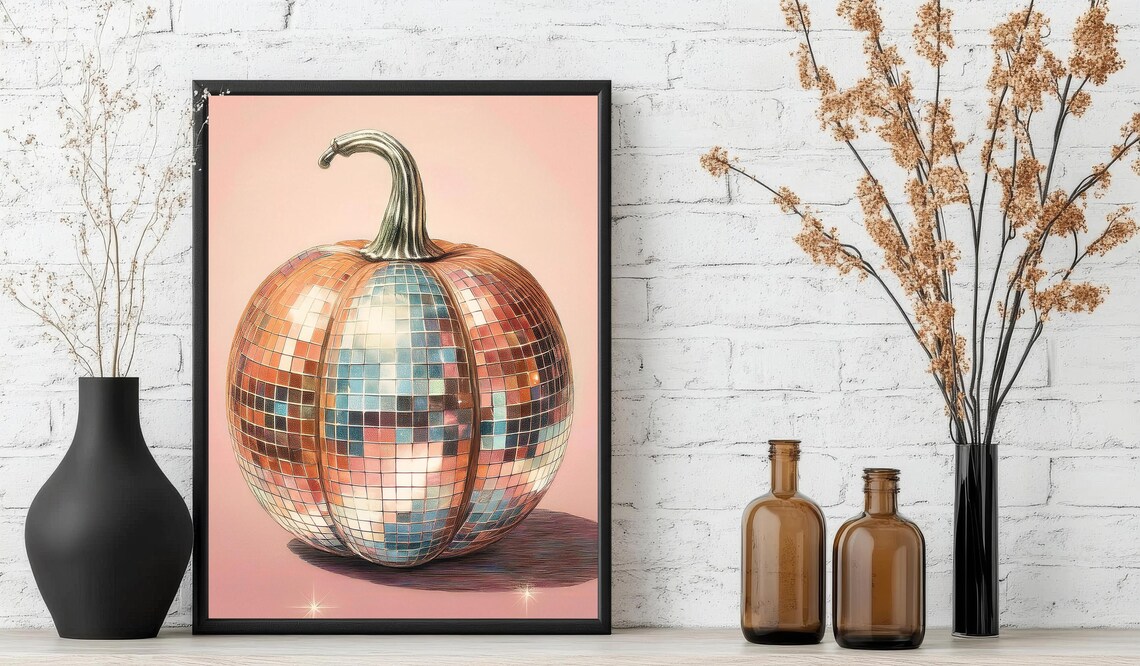 Disco Ball Pumpkin Pink Sparkle Groovy Retro Fall Party Wall Art Poster - Image 6