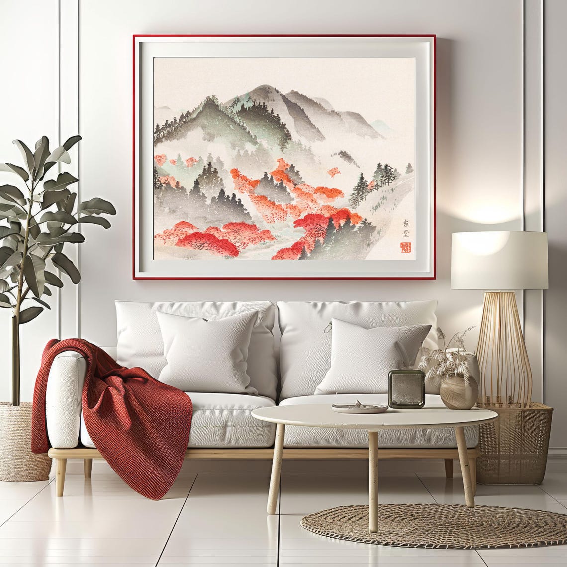 Japanese Misty Mountain Valley With Red Autumn Maples Art Poster - Image 2