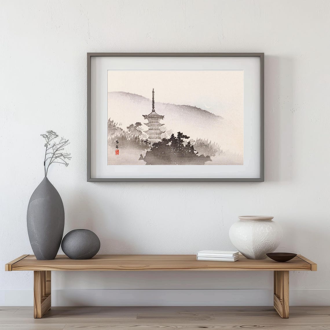 Japanese Pagoda In Misty Mountains Ink Wash Landscape Art Poster